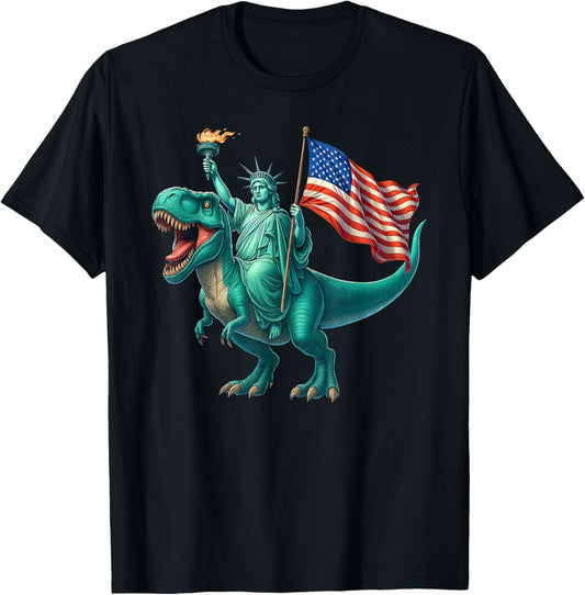 Statue of Liberty Riding T Rex USA Flag Funny Fourth Of July T-Shirt
