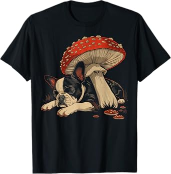 Cute Boston Terrier Dog Cottagecore Aesthetic Mushroom T-Shirt