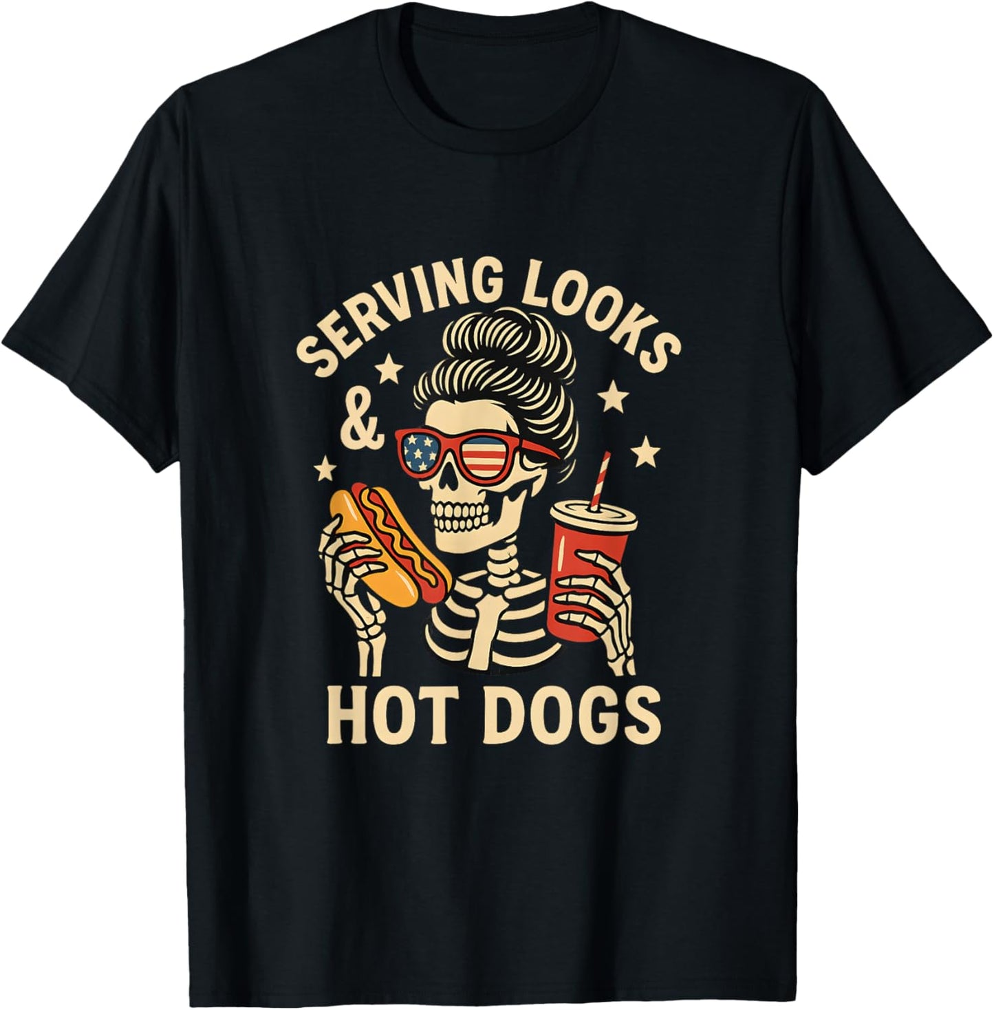 Serving Looks & Hot Dogs Vintage Skeleton USA 4th of July T-Shirt