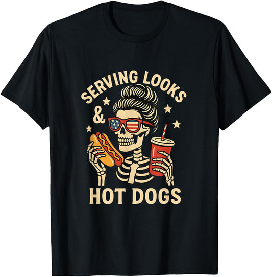 Serving Looks & Hot Dogs Vintage Skeleton USA 4th of July T-Shirt