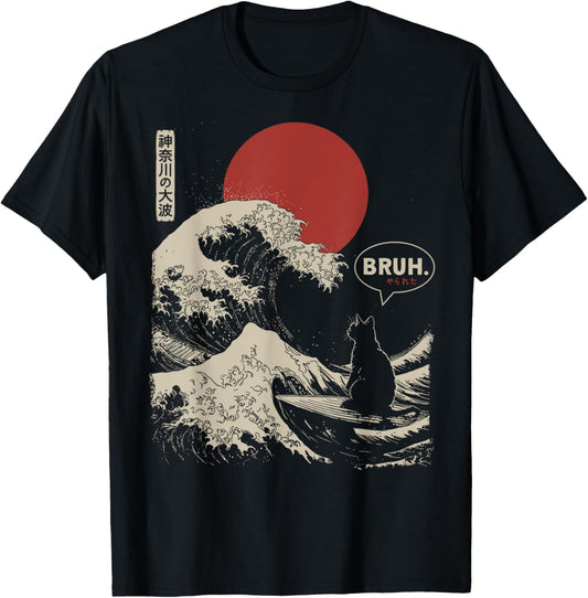 "BRUH." The Great Wave Kanagawa Funny Japanese Surfing Cat T-Shirt