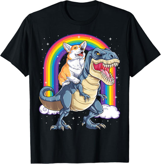 Corgi Riding Dinosaur T-rex Gifts Men Women Rainbow Funny T-Shirt