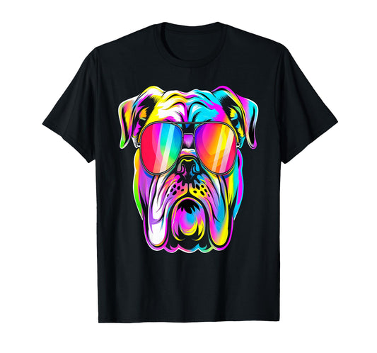 Colorful Bulldog Sunglasses Cool Dog T-Shirt