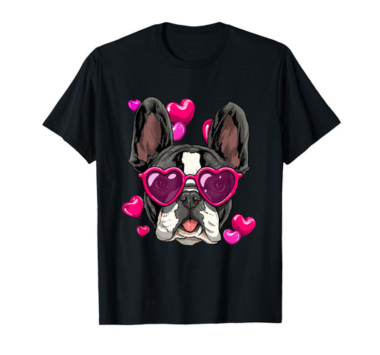 Valentine's Day French Bulldog With Heart Glasses Frenchie T-Shirt