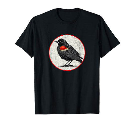 Colorful Retro Red-Winged Blackbird Bird Design T-Shirt