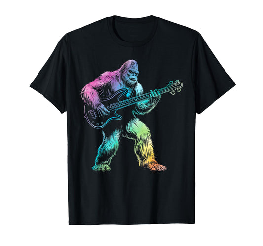 Bigfoot playing bass guitar men women guitarist tie dye T-Shirt