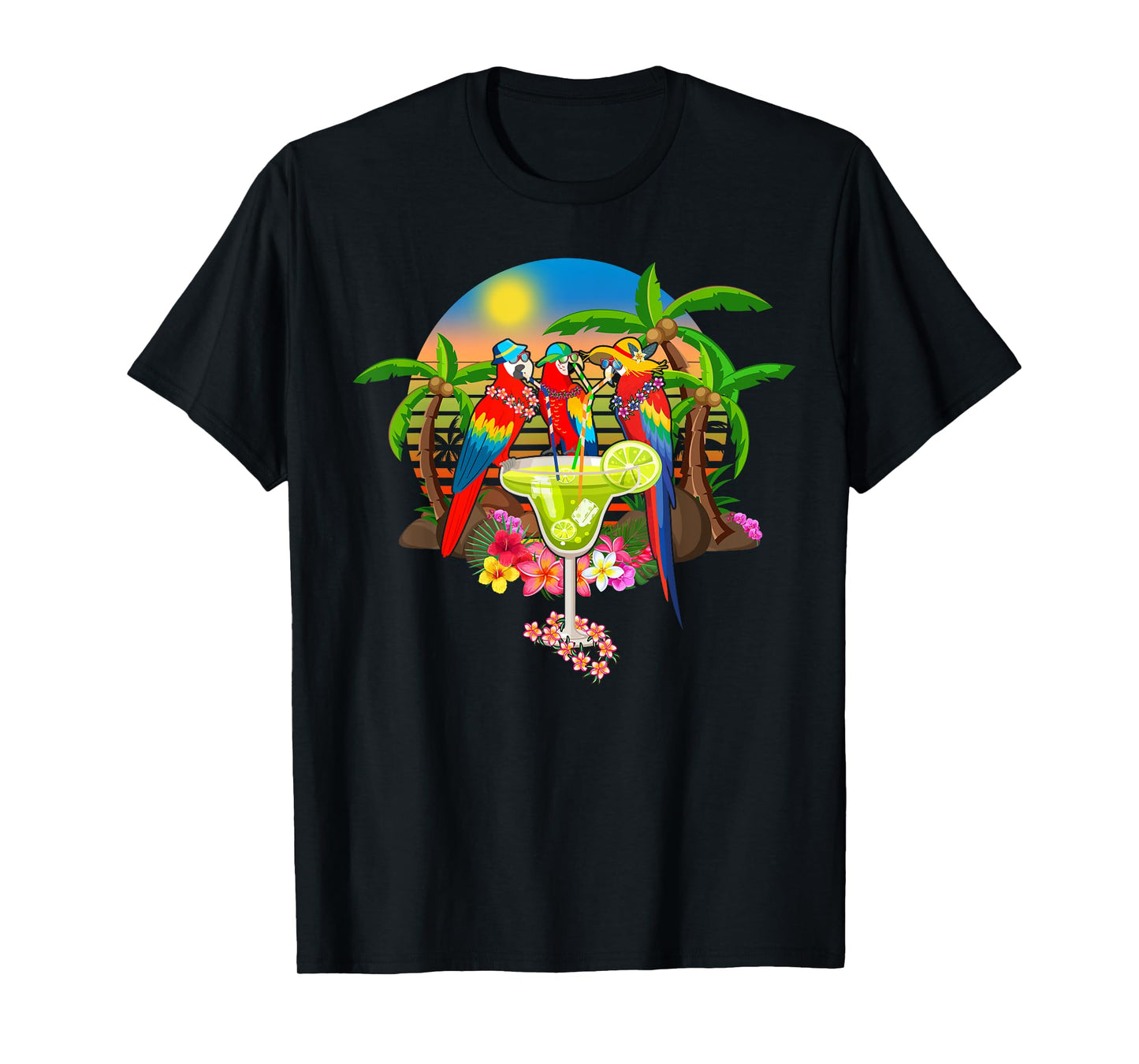 Parrots Drinking Margarita On Summer Vacation Birds Fun Men Women T-Shirt