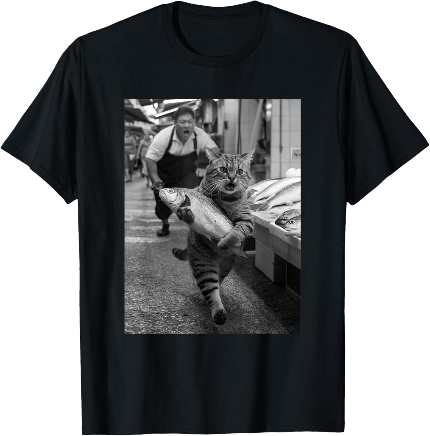 Vintage Cat Steals Fish Market Funny Black and White Meme T-Shirt