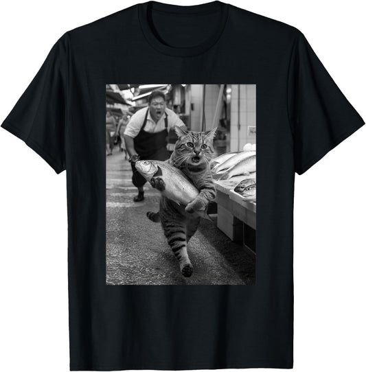 Vintage Cat Steals Fish Market Funny Black and White Meme T-Shirt