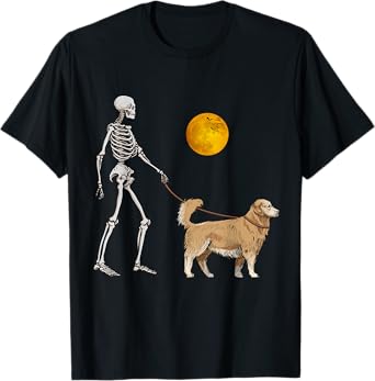 Golden Retriever Skeleton Dog Walking Halloween Costume T-Shirt