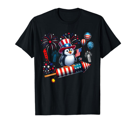 Penguin Riding Firecracker 4th Of July Bird Proud Flag T-Shirt
