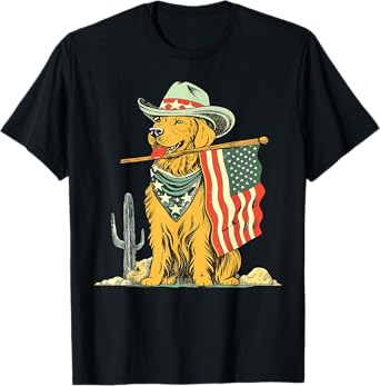 Patriotic Cowboy Hat Golden Retriever Us Flag 4th Of July T-Shirt