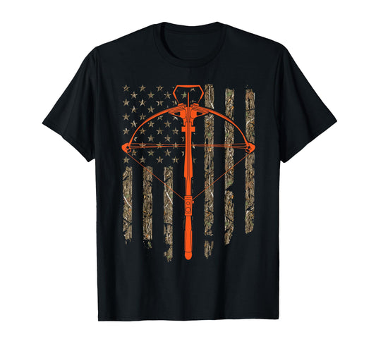 Crossbow Archery Bow Hunting Camo American Flag Distressed T-Shirt for Women Men