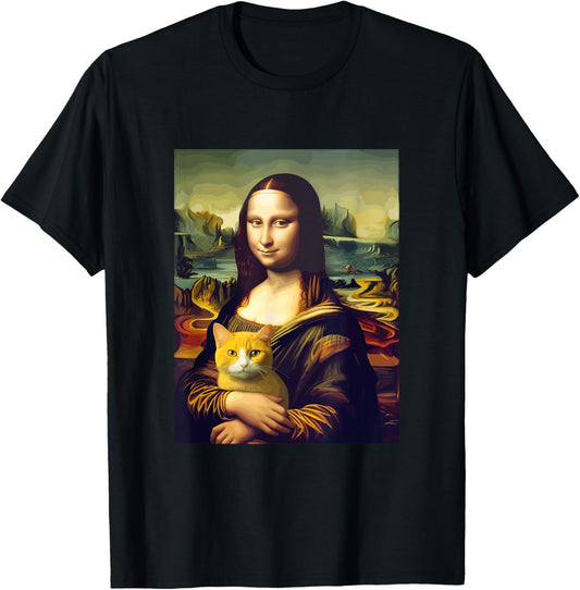 Leonardo da Vinci's Mona Lisa Holding a Cat Funny Art T-Shirt