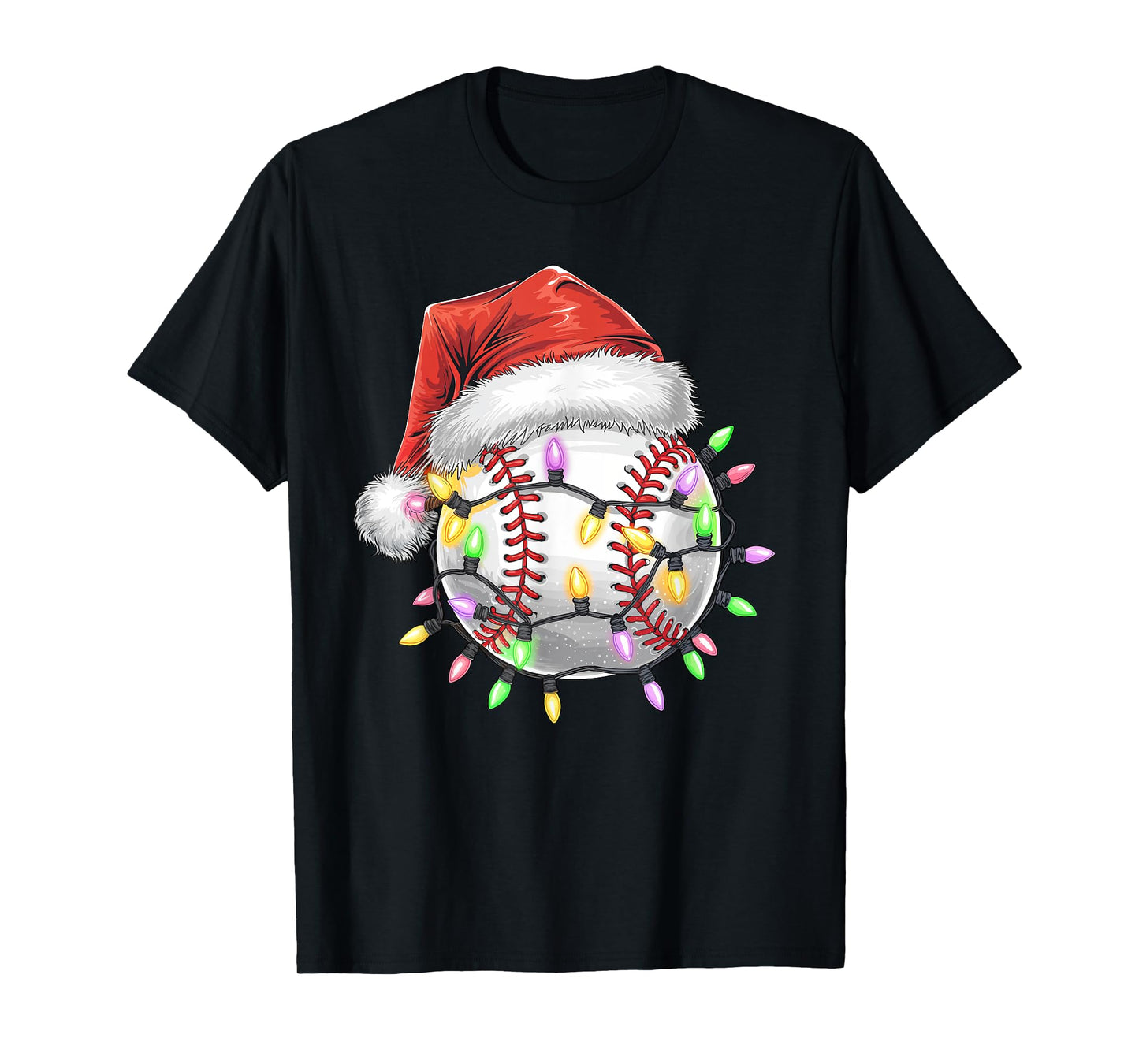 Baseball Christmas Lights Men Boys Youth Santa Sports T-Shirt