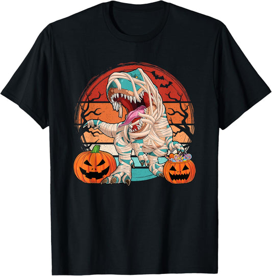 Halloween Dinosaur T Rex Funny Retro Dino Pumpkin Boys Kids T-Shirt