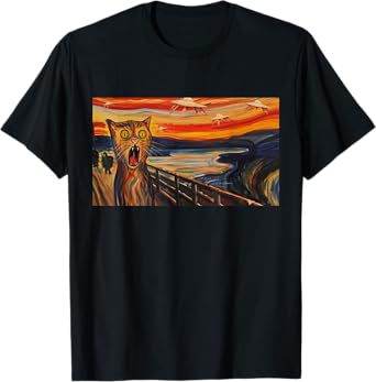 Funny Cat Scream Art Scared Kitty UFO T-Shirt for Men Women Kids