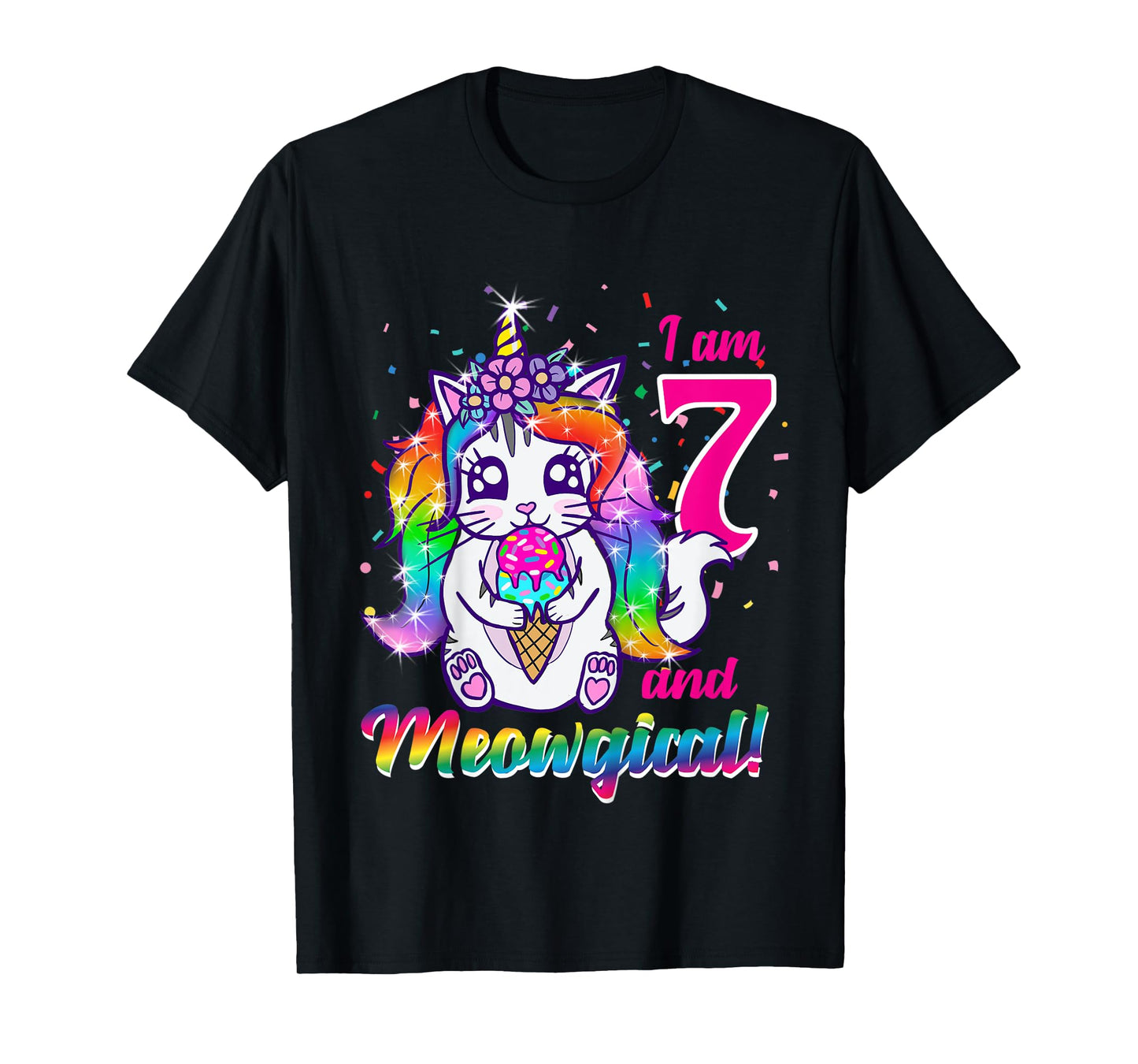 Kids I am 7 and meowgical caticorn kittycorn birthday theme party T-Shirt