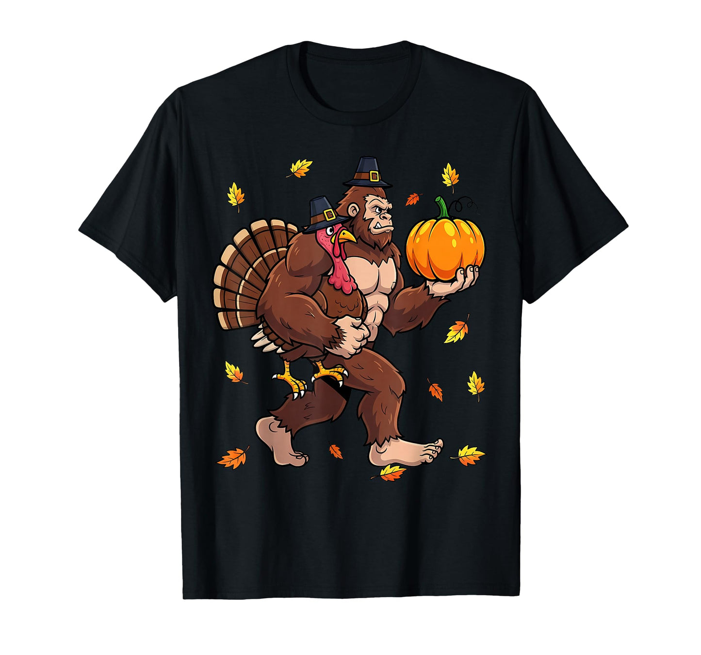 Funny Bigfoot Turkey Pumpkin Thanksgiving Day Boys Men T-Shirt