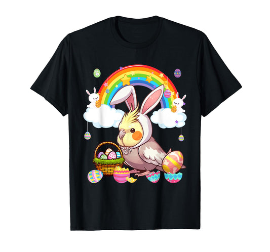 Bunny Cockatiel Easter Hunting Eggs Basket Colorful Rainbow T-Shirt