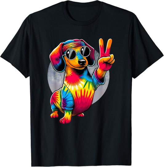 Peace Sign Tie Dye Weiner Dachshund Dog T-Shirt