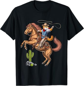 Cat Cowboy Riding Rodeo Horse Western Country Funny Cat T-Shirt