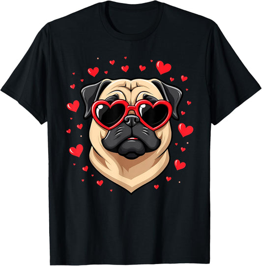 Pug Face Heart Glasses Funny Valentine's Day for Dog Lovers T-Shirt