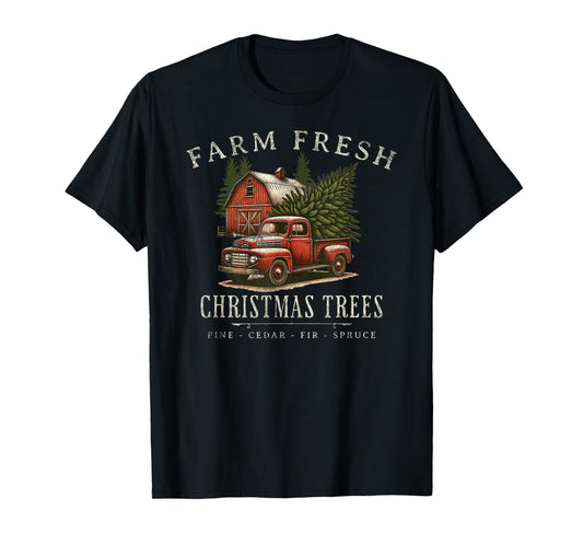 Willow Grove Designs Unisex-Adults, Unisex-Kids Christmas Holiday T-Shirt - Black, Small - Rustic Farmhouse Vintage Truck - Short Sleeve - Crew Neck - Solid - Pull On - 1 Count