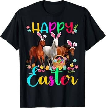 Happy Easter Horse Lover Three Horse Wearing Bunny Ear T-Shirt