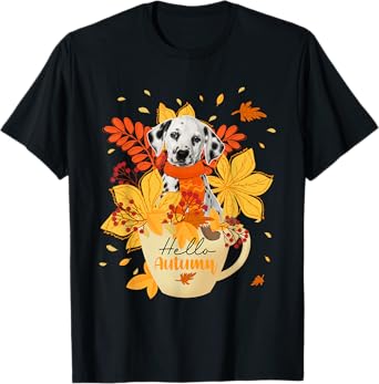 Hello Autumn Thanksgiving Dalmatian Inside Cup Fall Leaves T-Shirt