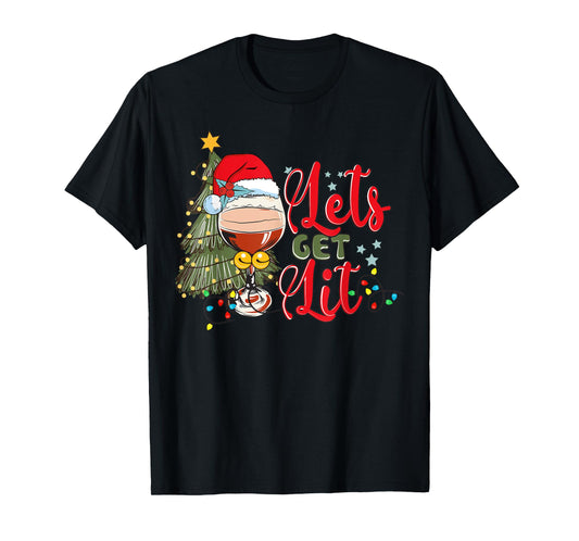 Christmas Tree Santa Hat Funny Let's Get Lit Xmas Season T-Shirt