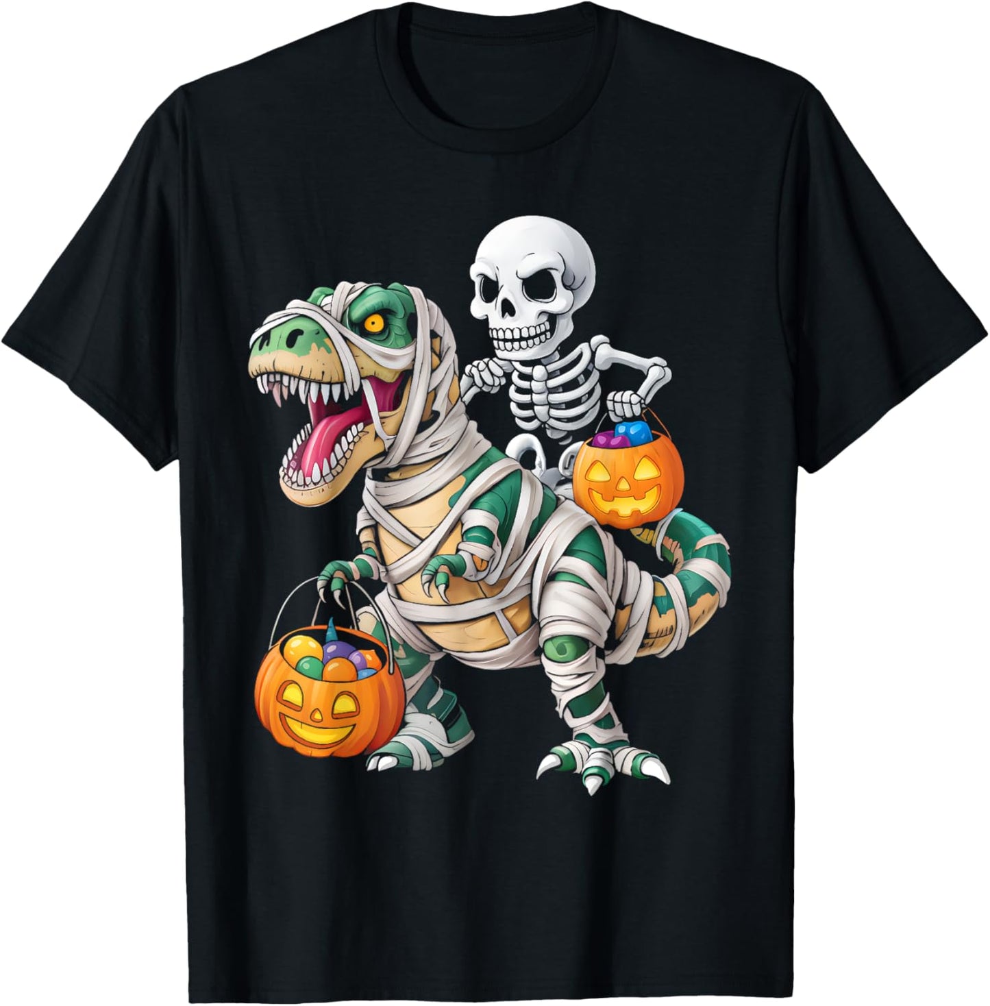 Halloween Skeleton Riding Mummy Dinosaur T rex Boys Kids T-Shirt
