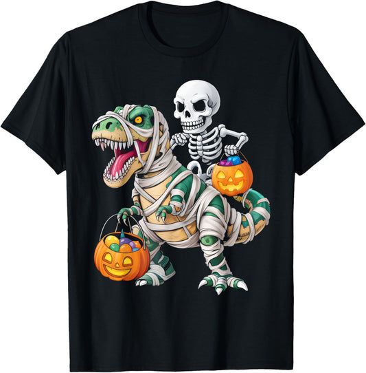 Halloween Skeleton Riding Mummy Dinosaur T rex Boys Kids T-Shirt
