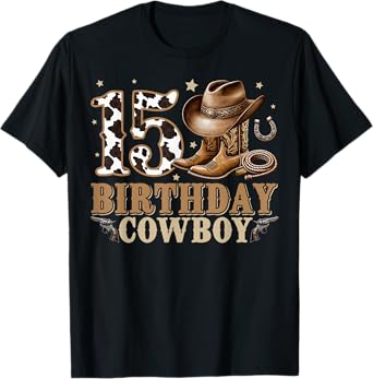 Kids 15th Birthday Boy Rodeo Western CowBoy Birthday Party T-Shirt