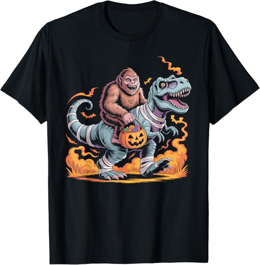 Bigfoot Riding Dinosaur Halloween Costume Sasquatch Men Boys T-Shirt