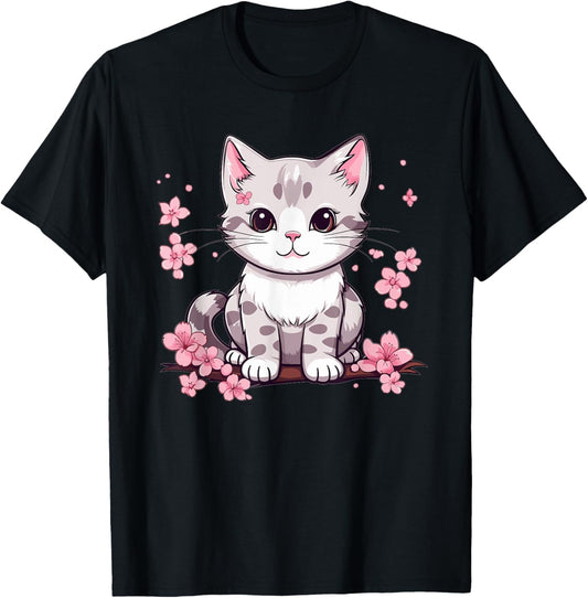 Cute Cat With Cherry Blossoms I Kids Cat T-Shirt