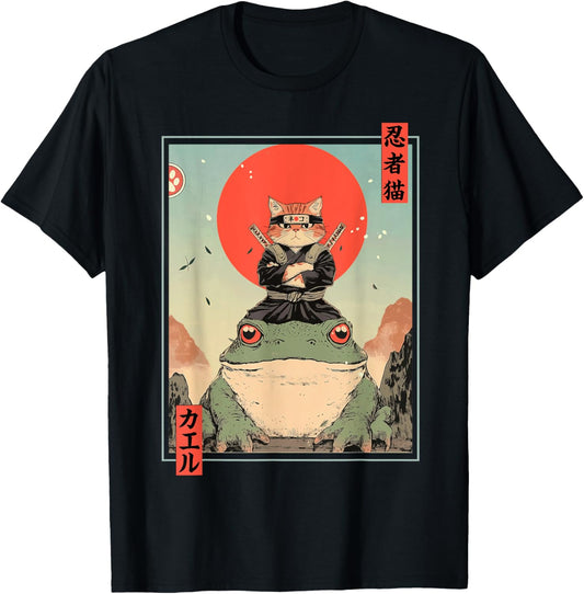 Japanese Ninja Cat and Frog Retro Anime Style Graphic T-Shirt