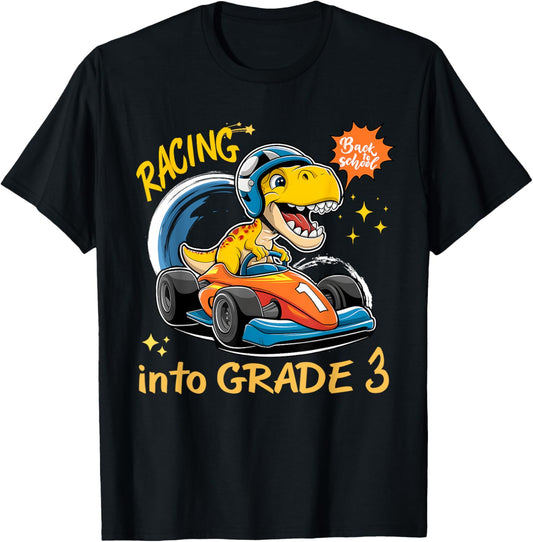 Dinosaur Racing Car Third Grade Back to school Funny T-Rex T-Shirt