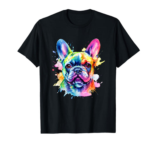 Colorful French Bulldog Portrait Splash Art Men Women Girls Kids T-Shirt