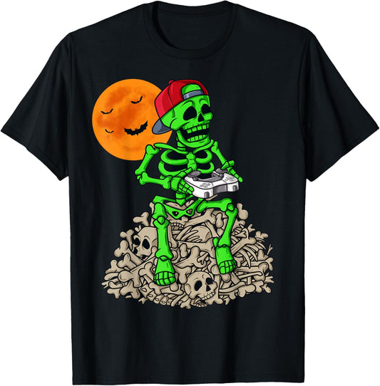 Halloween Skeleton Gamer Boys Kids Teens Gaming T-Shirt