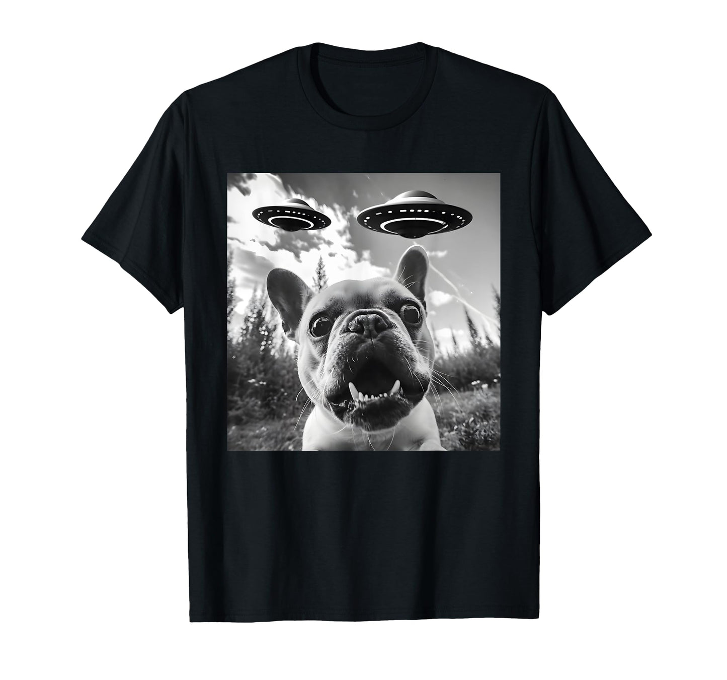 Funny French Bulldog Selfie with UFO Men Graphic T-Shirt