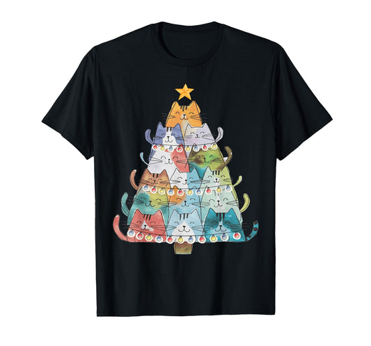 Funny Cat Christmas Tree Xmas Cat Lover Cat Graphic T-Shirt for Men Women Kids