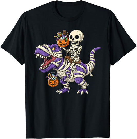 Funny Skeleton Dinosaur T rex Mummy Boys Halloween Pumpkin T-Shirt