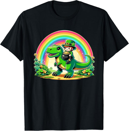 St Patricks Day Leprechaun Dinosaur T-Rex Kids Boys Rainbow T-Shirt