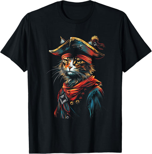 T-Shirt - Black, Small, Unisex-Adults, Short Sleeve, T-Shirt, Halloween Cat Pirate