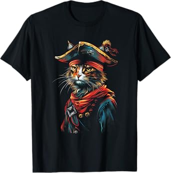 Pet Pirates Nautical Cat Pirate Costume Cat T-Shirt - Black, Small, Unisex-Adults, Short Sleeve, T-Shirt, Halloween Cat Pirate