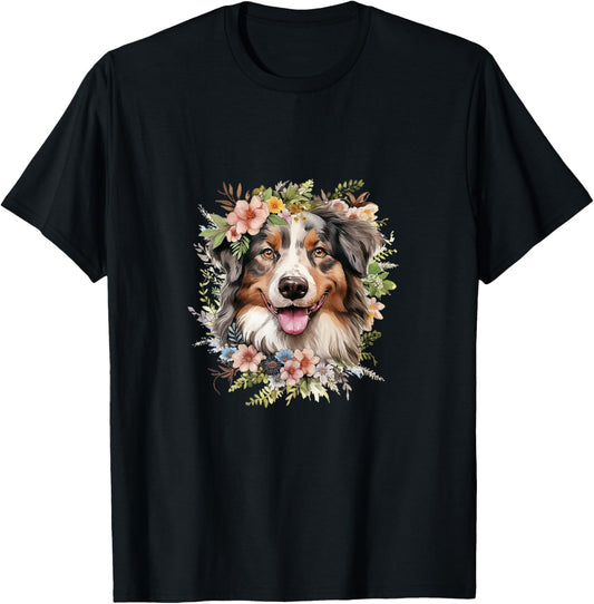 Australian Shepherd Dog With Flowers Vintage Pastel Floral T-Shirt