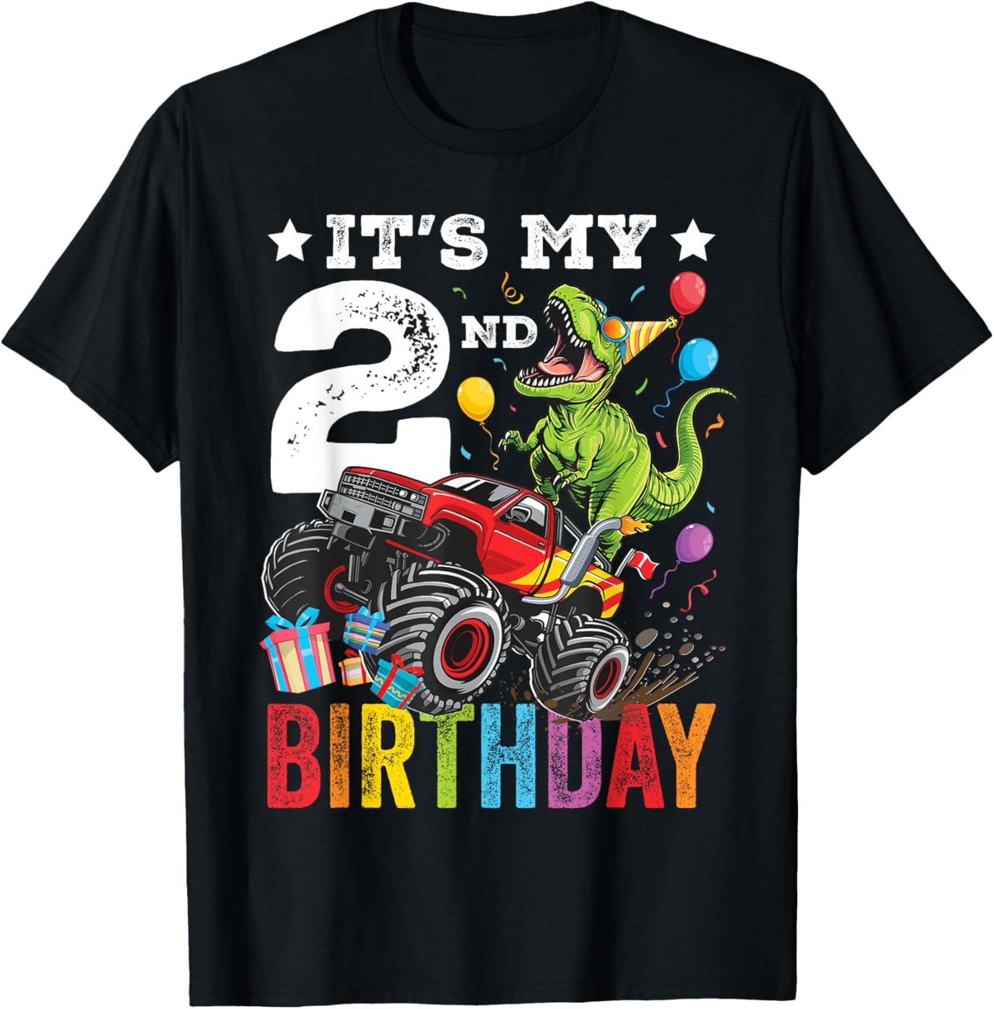 Two 2nd Birthday Dinosaur Monster Truck T-Shirt