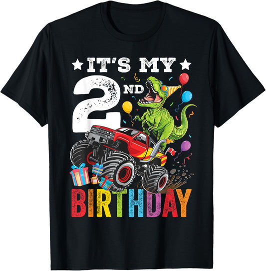 Two 2nd Birthday Dinosaur Monster Truck T-Shirt