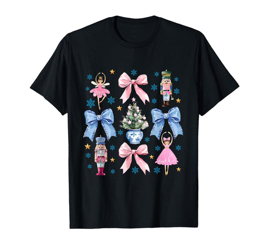 Coquette Pink Blue Bow Nutcracker Xmas Merry Christmas T-Shirt